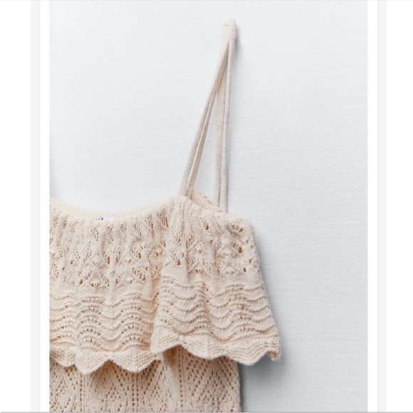 RARE, NWOT! Zara Ruffled Knit Mini Dress w Tie Strap, Cream, M / L - Picture 4 of 11